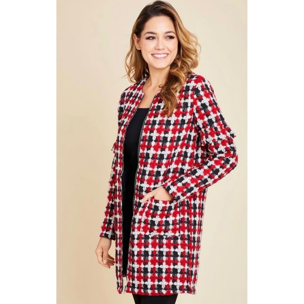 Jack by BB Dakota Red Black Plaid Tweed Zip Front Coat Jacket Ruffle Sleeve